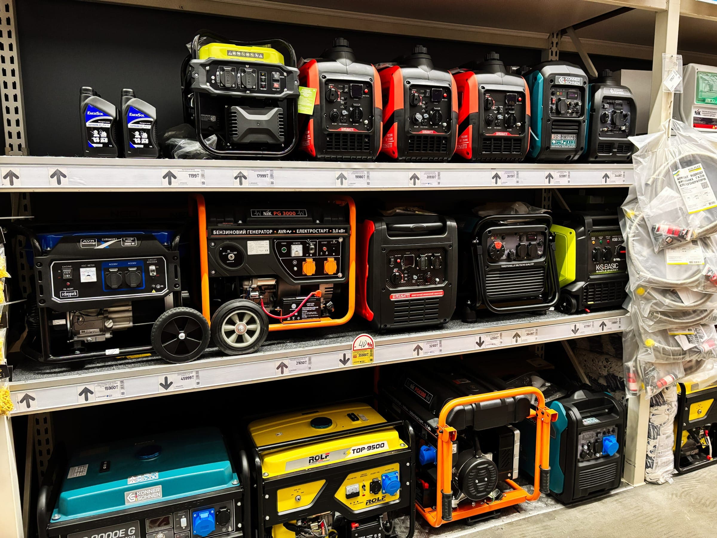 Shelves of portable generators in a supply store