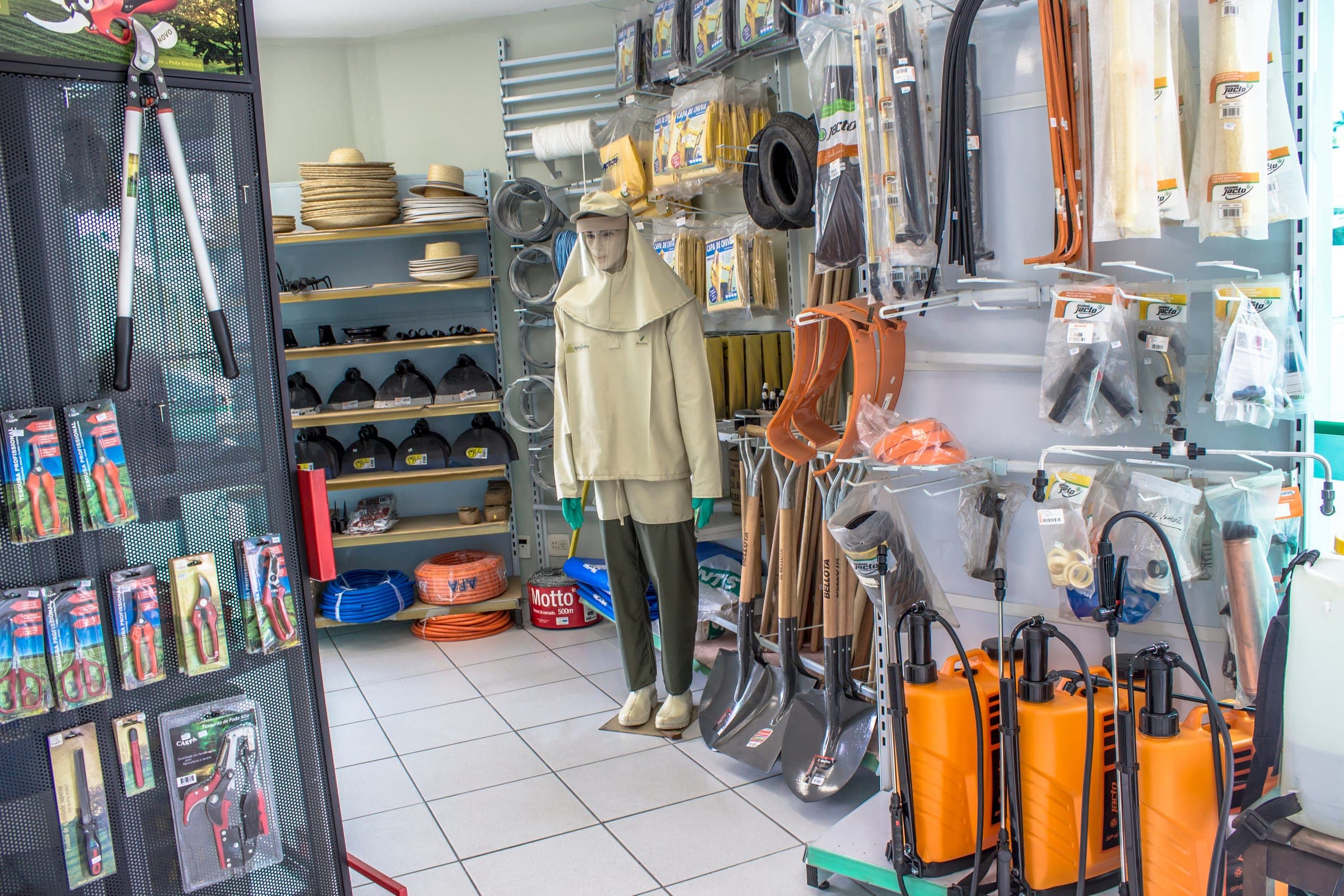 Supply shop with gloves, shovels, sprayers and hand tools